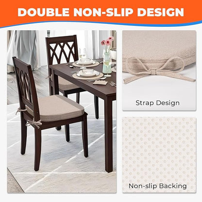 Sunsleek Chair Cushions for Dining Chairs, D-Shaped Seat Cushions with Removable Washable Cover and Ties, Chair Pads for Kitchen, Indoor Dining Room, Patio Chairs, 17'' x 16'', Set of 2, Khaki