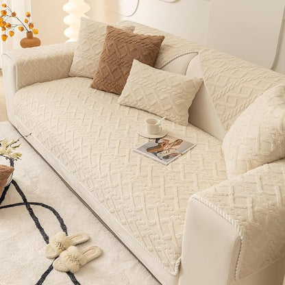 vctops Geometric Jacquard Plush Sofa Couch Covers Farmhouse Neutral Non Slip Sectional Couch Cover Soft Warm Sofa Slipcover for Dogs, Children, Pets Furniture Protector (Cream,43"x94")