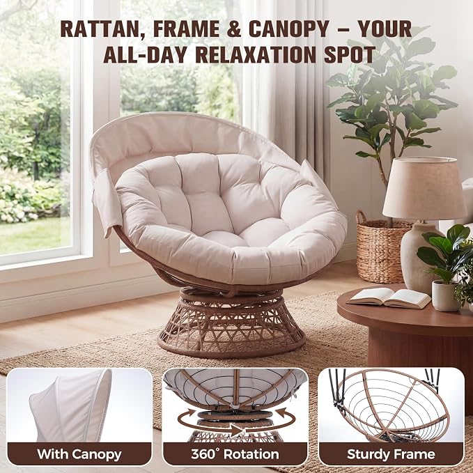 GTPLAYER Outdoor Wicker Egg Chair PE Rattan Chair with Cushion, Oversized Patio Lounge Chair with Canopy Papasan Chair 360° Swivel Base for Outdoor, Indoor, Balcony, Backyard, Garden, Beige