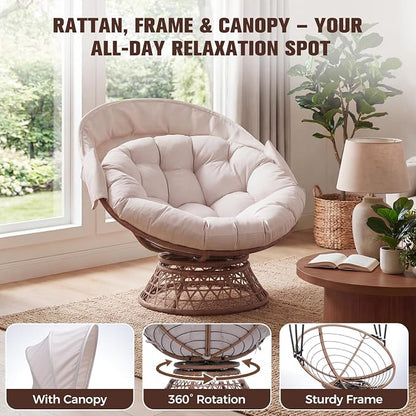 GTPLAYER Outdoor Wicker Egg Chair PE Rattan Chair with Cushion, Oversized Patio Lounge Chair with Canopy Papasan Chair 360° Swivel Base for Outdoor, Indoor, Balcony, Backyard, Garden, Beige
