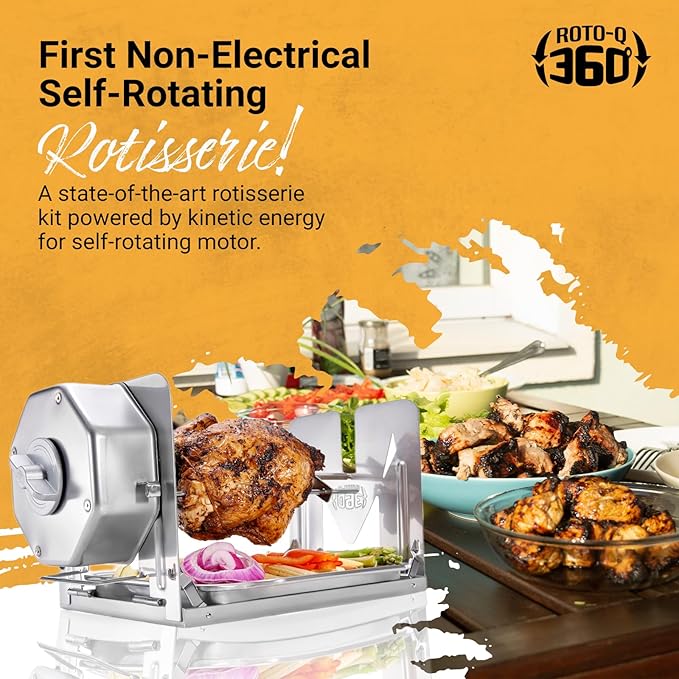 ROTO-Q 360 Cordless Universal Rotisserie Kit for Grills Ovens and Smokers - Non-Electric Wind-up Spit Roaster, Gas or Charcoal BBQ - Indoor/Outdoor (Stainless Steel)