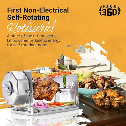 ROTO-Q 360 Family Rotisserie Kit – Non-Electric Wind-Up Spit Roaster with Tumble Basket, Flat Cage, Skewer Set & Mat for Grill, Oven, Smoker, Portable BBQ Cooking, Tailgating, or Camping Use