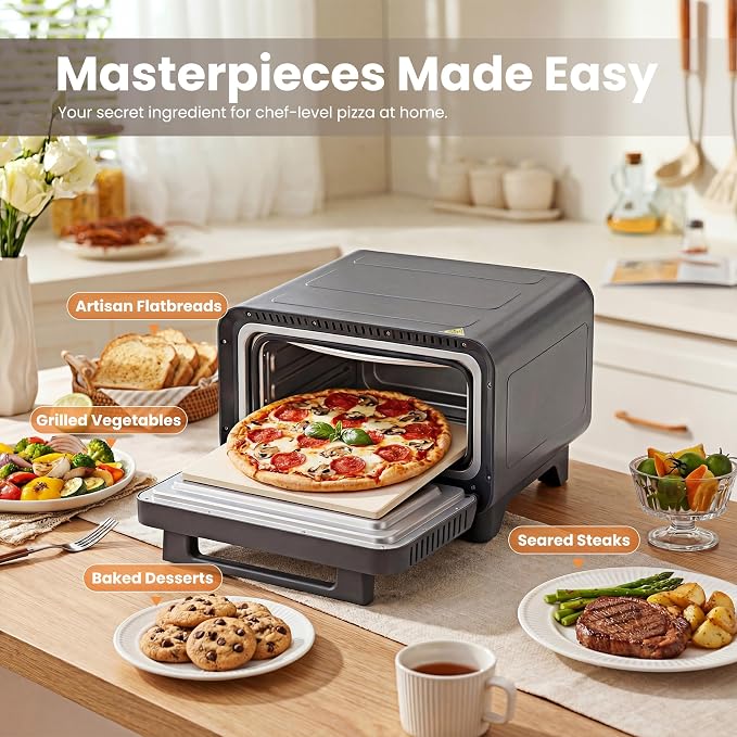 DUMOS Pizza Oven Indoor, 1600W Electric Pizza Maker Fast Heating, 6 Presets for 12 Inches Pizzas, with Stone & Spatula, Upper-Bottom Independent Heating Temperature Control