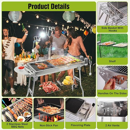 Portable BBQ Grill, Foldable Charcoal Grill Lightweight Smoker Grill for Outdoor Cooking Camping Hiking Picnics Tailgating Backpacking Party (Large gril(39x13.4x28"))