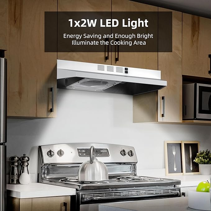 FIREGAS Range Hood 30 inch Under Cabinet, Kitchen Hood with 2 Speed Exhaust Fan,Ducted/Ductless Convertible, Rocker Button Control,300 CFM, White Stove Hood Vent Aluminum Filter Included