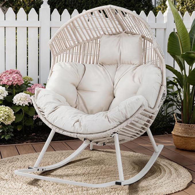 Shintenchi Egg Chair Outdoor, Oversized Outdoor Indoor Wicker Rocking Chair, Large PE Rattan Egg Rocking Chair with Cushion for Patio, Balcony, Backyard, Garden, White