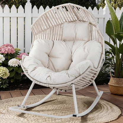 Shintenchi Egg Chair Outdoor, Oversized Outdoor Indoor Wicker Rocking Chair, Large PE Rattan Egg Rocking Chair with Cushion for Patio, Balcony, Backyard, Garden, White