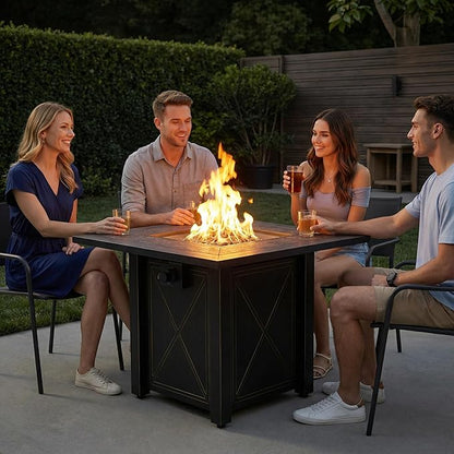 HOTEAGLE 30" Propane Fire Pit with Premium Ceramic Tabletop, 50000 BTU Powerful Gas Firepit Table - Includes Lid and Lava Rocks, Ideal Outdoor Fire Pit for Dining, Party in Patio, Garden, Yard