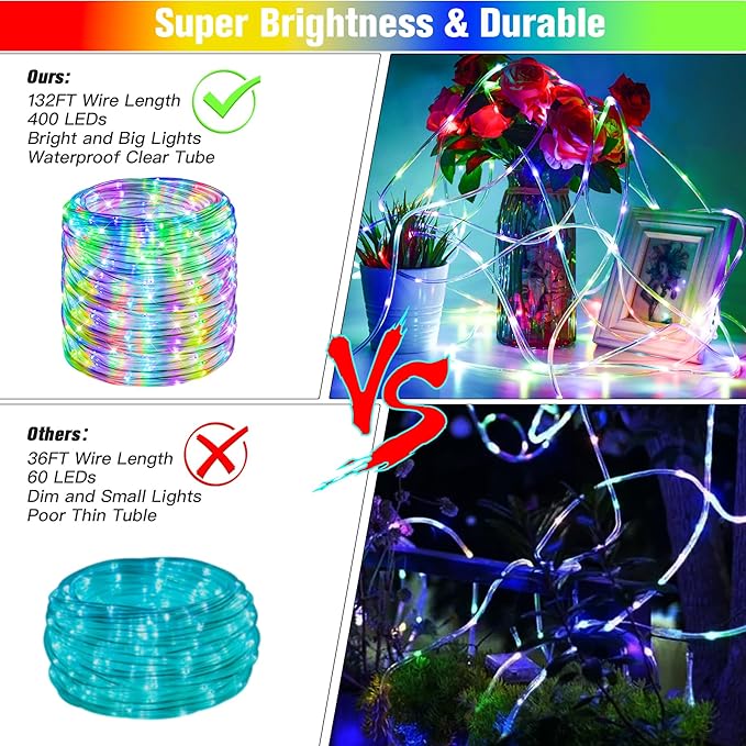 Nazuwke 132Ft Rope Lights for Outside, Waterproof 18 Colors Changing Rope Lights Fairy String Lights with Remotes, 400 LEDs Dimmable Twinkle Christmas Lights for Bedroom Patio Halloween Decorations