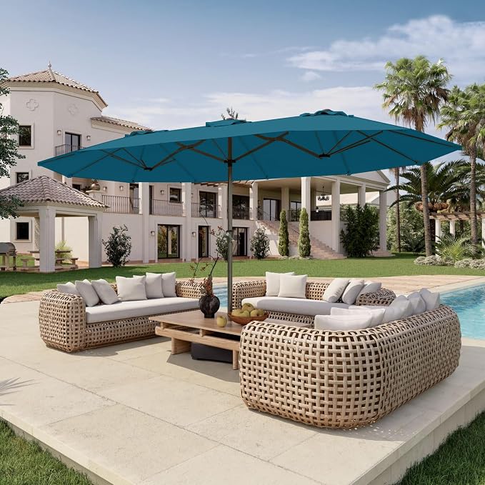15FT Double Sided Patio Umbrella with Base Included Large Outdoor Market Umbrella with Crank Handle, UV Resistant Canopy, Sturdy Frame for Garden, Poolside, Deck, Lake Blue