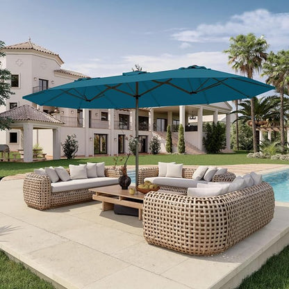 15FT Double Sided Patio Umbrella with Base Included Large Outdoor Market Umbrella with Crank Handle, UV Resistant Canopy, Sturdy Frame for Garden, Poolside, Deck, Lake Blue