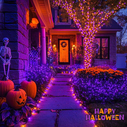 JMEXSUSS 2 Pack Solar Halloween Lights Total 400LED 151FT Orange and Purple | Halloween Lights Outdoor Waterproof, 8 Modes Solar String Lights for Outside Patio Yard Tree Halloween Decorations