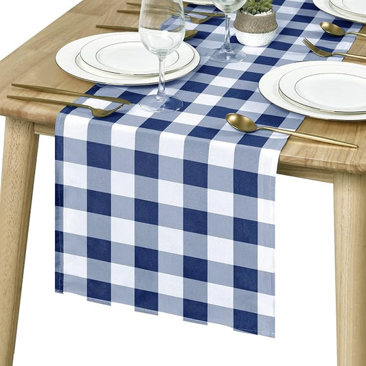 Hiasan Buffalo Plaid Table Runner, Classic Farmhouse Tabletop Collection, Waterproof Table Runner for Kitchen Dining, Banquet, Restaurant, Outdoor Use, 14W x 108L, Navy Blue and White, 1 Piece