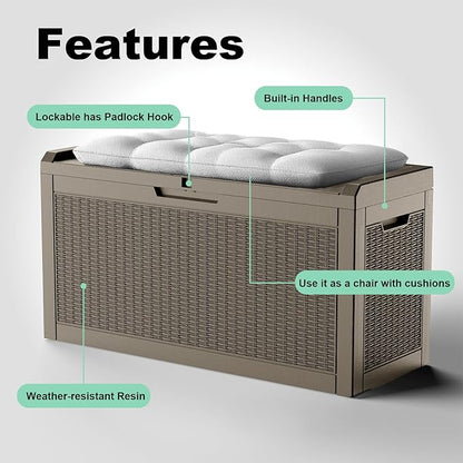 Vixzen 60 Gallon Outdoor Deck Box, Lockable Resin Waterproof Storage Box, UV Resistant, Weather Resistance, Outside Storage Bin for Gardening Tools, Pool Supplies (Grey, 60 Gallon)