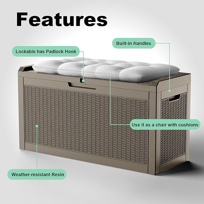 EasyUp 70 Gallon Outdoor Storage Box, Outdoor Deck Boxes for Garden Tools Equipment,Cushions and Patio Storage,Lockable and Resin,Easy to Install(Grey)