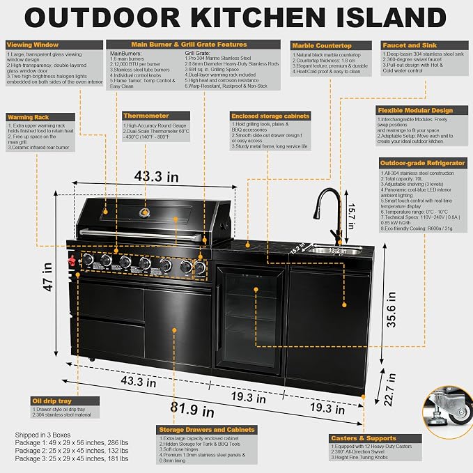 81.9" 6-Burner Modular Outdoor Kitchen Island, 85,000 BTU Propane Gas Grill | 6 Burners, Rear Infrared, Marble Countertop, Fridge, 360° Pull-Out Faucet, 304 Sink, Dual-Layer Warming Rack, Storage Cabinet