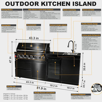 81.9" 6-Burner Modular Outdoor Kitchen Island, 85,000 BTU Propane Gas Grill | 6 Burners, Rear Infrared, Marble Countertop, Fridge, 360° Pull-Out Faucet, 304 Sink, Dual-Layer Warming Rack, Storage Cabinet