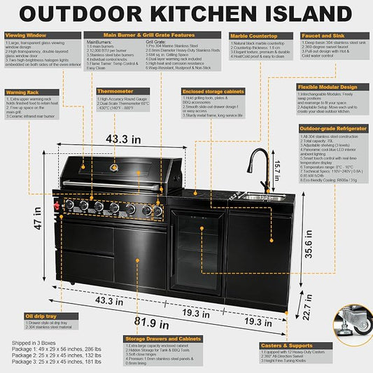 81.9" 6-Burner Modular Outdoor Kitchen Island, 85,000 BTU Propane Gas Grill | 6 Burners, Rear Infrared, Marble Countertop, Fridge, 360° Pull-Out Faucet, 304 Sink, Dual-Layer Warming Rack, Storage Cabinet