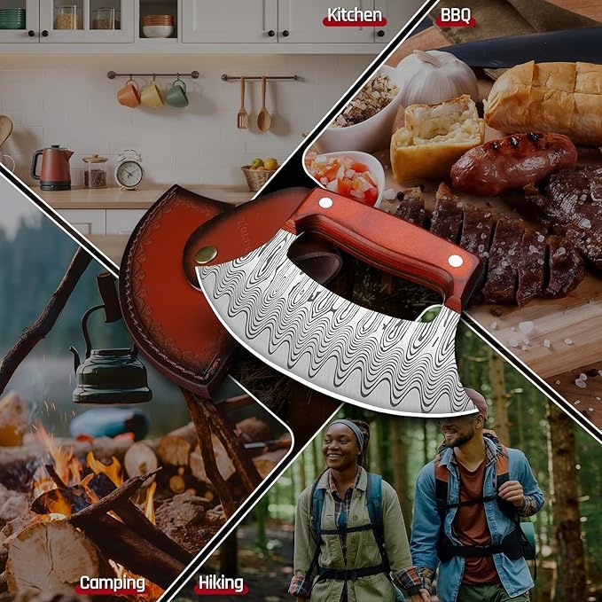 ROCOCO Pizza Cutter Ulu Knife – Full Tang Mezzaluna Rocker Chopper with Sheath for Kitchen, Camping, BBQ, Gifts for Men Women