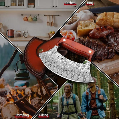 ROCOCO Pizza Cutter Ulu Knife – Full Tang Mezzaluna Rocker Chopper with Sheath for Kitchen, Camping, BBQ, Gifts for Men Women