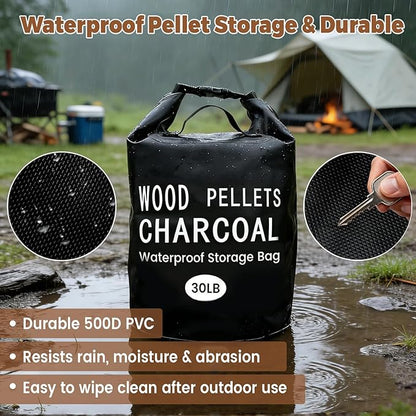 30LB Waterproof Wood Pellet Storage Bag 2 Pack, Heavy Duty 500D PVC Charcoal Grill Pellet Bag with Dual Shoulder Straps & Carry Handles, Foldable BBQ Fuel Storage with Buckle Seal, Label Pocket Scoop