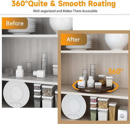 AMH 13-Inch Farmhouse Oak Lazy Susan Organizer, Walnut Finish | Smooth rotating oak tray with walnut finish for dining tables, kitchen counters, pantries and cabinet storage.