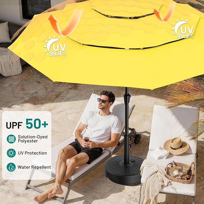AreShark 9ft 3-Tier Patio Umbrellas, Outdoor Umbrella with 8 Sturdy Ribs UV Protection Windproof, Market Table Umbrella w/Push Button Tilt & Crank for Pool, Porch, Deck, Garden(Yellow)