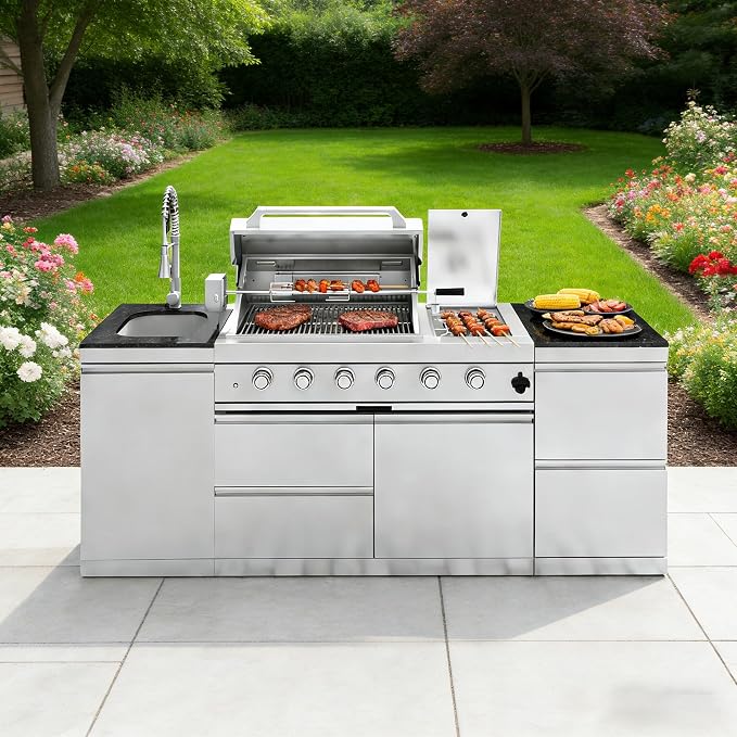 85-Inch 4-Burner 72000 BTU Stainless Steel Outdoor Kitchen Island Propane Gas Grill with Rotisserie Kit Granite Countertops Sink for Backyard Entertaining, Silver