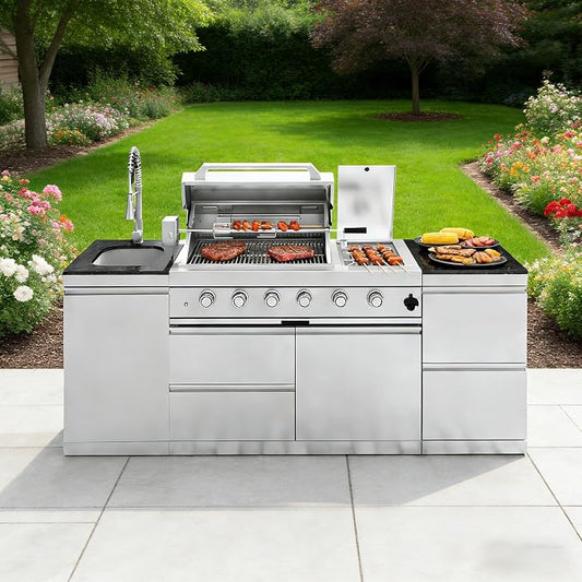 85-Inch 4-Burner 72000 BTU Stainless Steel Outdoor Kitchen Island Propane Gas Grill with Rotisserie Kit Granite Countertops Sink for Backyard Entertaining, Silver