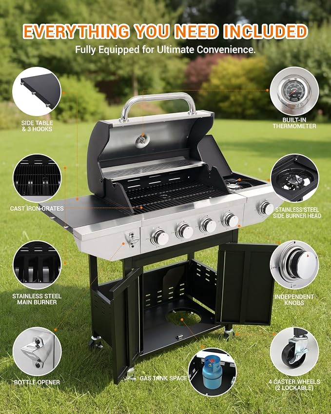 EUHOME 4-Burner Propane Gas BBQ Grill with Side Burner, 46,500 BTU Output Stainless Steel Barbecue Grill with Enameled Cast Iron Grates and Side Tables for Outdoor Cooking Kitchen and Patio Backyard