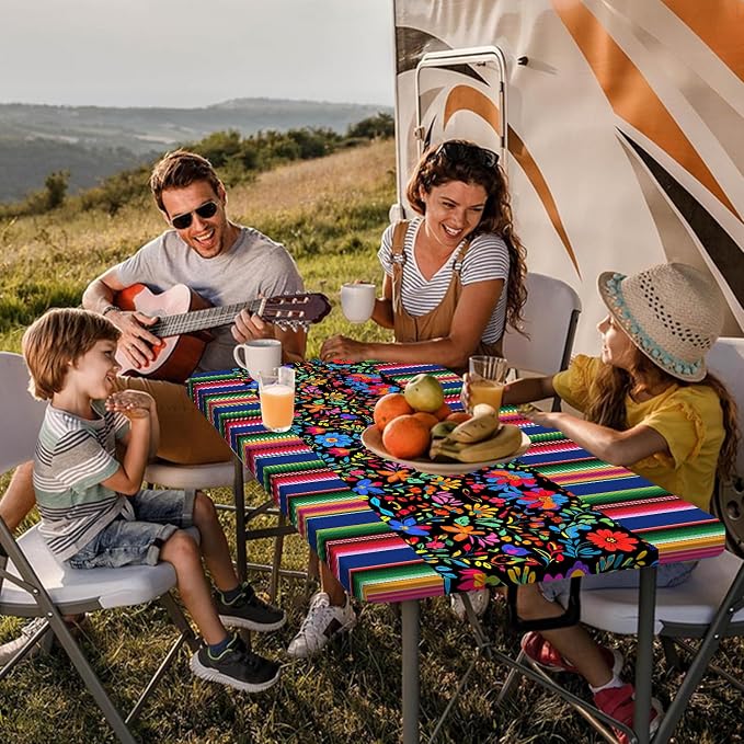 Mexico Picnic Table Cover with Bench Covers and Bag, Camping Essentials, Cinco De Mayo Fiesta Stripes Table Cloth Waterproof Fitted Tablecloth Cover with Elastic Edge for Outdoor 3 PCS 30x60 Inch