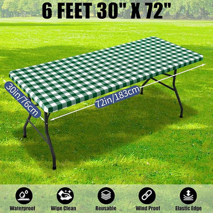 Smiry Picnic Table Cloth 2 Pack, Waterproof Elastic Fitted Tablecloths for 6FT Rectangle Tables, Washable Polyester Buffalo Plaid Tablecloth for Camping & Outdoor (Hunter Green & White, 30" x 72")