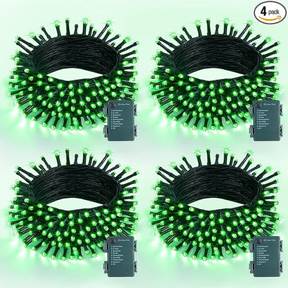 4 Pack St Patricks Day Lights Battery Operated, 50 LEDs 16.5ft Green String Lights Outdoor Waterproof, Green Wire Battery Powered Twinkle Lights for Tree Wreath Christmas St Patricks Day Decorations