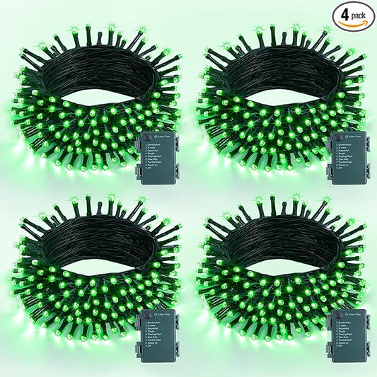 4 Pack St Patricks Day Lights Battery Operated, 50 LEDs 16.5ft Green String Lights Outdoor Waterproof, Green Wire Battery Powered Twinkle Lights for Tree Wreath Christmas St Patricks Day Decorations