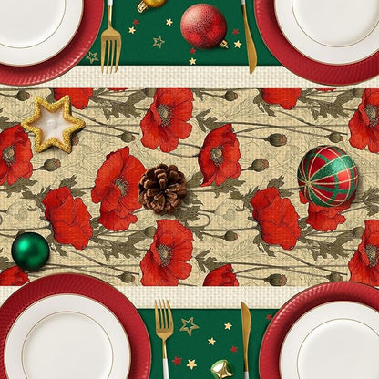 Poppy Table Runner,Dining Decor for Kitchen Coffee Table Family Dinners Holiday Parties Wedding Events Decor(13x72 inch)