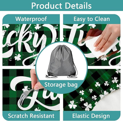 St. Patrick's Day Picnic Table Cover with Bench Covers, Camping Essentials, Buffalo Plaid Shamrock Lucky Outdoor Table Covers, Waterproof, Fitted Tablecloth Cover with Elastic Edge, 3 PCS, 30x72 Inch