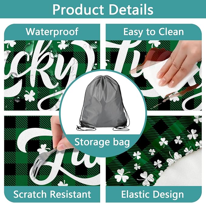 St. Patrick's Day Picnic Table Cover with Bench Covers, Camping Essentials, Buffalo Plaid Shamrock Lucky Outdoor Table Covers, Waterproof, Fitted Tablecloth Cover with Elastic Edge, 3 PCS, 30x96 Inch
