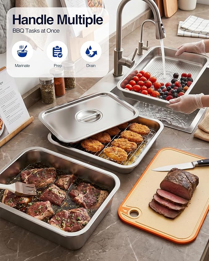 Pro 6 in 1 Grill Prep Tray and Carry System, Large Grilling Prep and Serve Tays with Lid and Cutting Board, Deep Meat Marinating Container as BBQ Grilling Gift, Pro Series, L