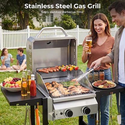Electactic 2 Burner Propane Gas Grill, 16,000 BTU Stainless Steel BBQ Grill with Folding Side Tables, Convertible to Tabletop Design, Enameled Cast Iron Grates, Barbecue Grill for Camping, Patio