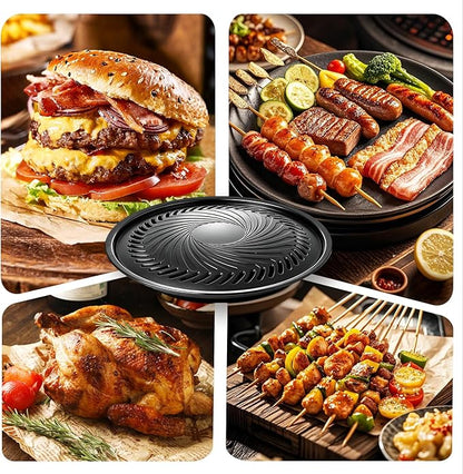 Korean BBQ Grill Pan, Nonstick 13.5" Round Indoor Grill Pan Smokeless Cast Aluminum Includes Food Tongs & Grill Plate Handle, Outdoor Camping Grilling, Picnic Cooking