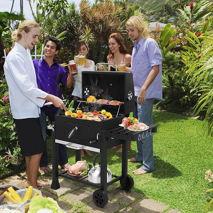 Charcoal Grill Barbecue Grills with Thermometer, Foldable Side Table and Wheels, Heavy-duty BBQ Grill for Garden Party Picnic Hiking Backyard Cooking, Easy to Assemble, Asadores de Carbon (Black)
