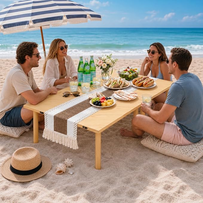 60" x 30" Low Picnic Table with Boho Table Runner Wooden Table with 8 Sturdy Legs Folding Picnic Table for 6 People Backyard Picnic Beach Garden Party Camping
