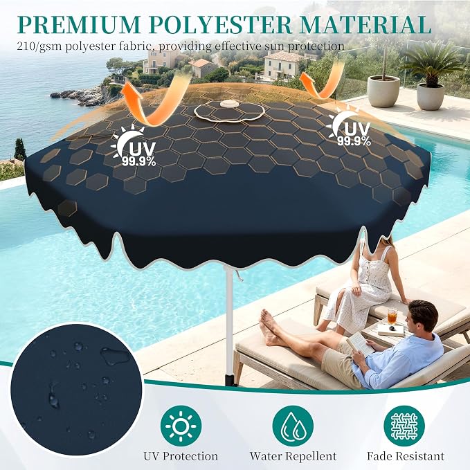 AreShark 9FT Outdoor Patio Umbrella with Wavy Trim (Navy) | Market Table Umbrellas w/ 6 Sturdy Ribs, Crank & Tilt, White Pole, Pool Umbrella with UV-Fade Resistant Fabric, Heavy Frame