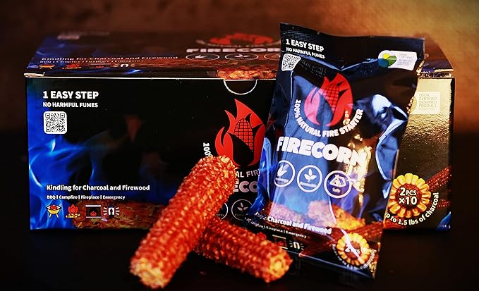 FIRECORN Firestarter - All-Natural Instant Firestarter for Fireplaces, Campfires, Fire Pits, BBQ's and Pizza Ovens - Lights Charcoal, Briquette and Firewood - 10 Pack (2 corncobs per Pack)