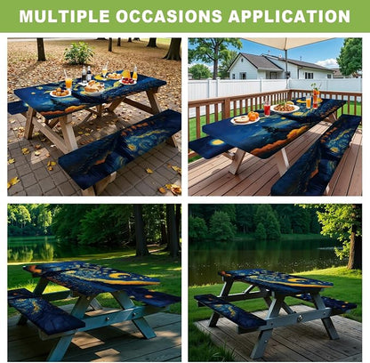 ANNA QUEEN Artistic Starry Night 6FT Picnic Table Cover with Bench Covers Set of 3 with Drawstring Bag, 72"x30" Waterproof Fitted Picnic Tablecloth & Bench Seat Covers for Outdoor Camping Patio