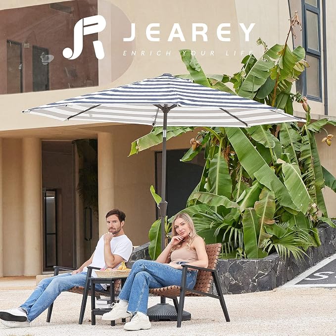 JEAREY 9FT Outdoor Patio Umbrella, Market Umbrella, Blue-white Stripe | Outdoor Table Umbrellas with 8 Sturdy， Tilt & Crank UV Protection Waterproof for Garden, Deck, Backyard, Pool