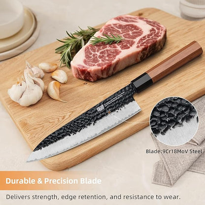FINDKING Chef’s Knife 8 Inch, All Purpose Cooking Knife with High Carbon Steel Hammered Blade, Rosewood Octagonal Handle, for Meat, Fish, Fruits and Vegetables, Dynasty Series
