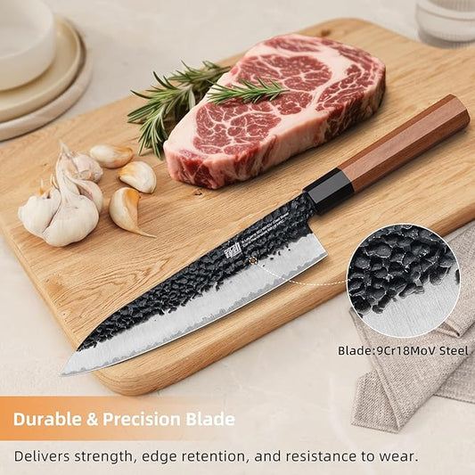FINDKING Chef’s Knife 8 Inch, All Purpose Cooking Knife with High Carbon Steel Hammered Blade, Rosewood Octagonal Handle, for Meat, Fish, Fruits and Vegetables, Dynasty Series