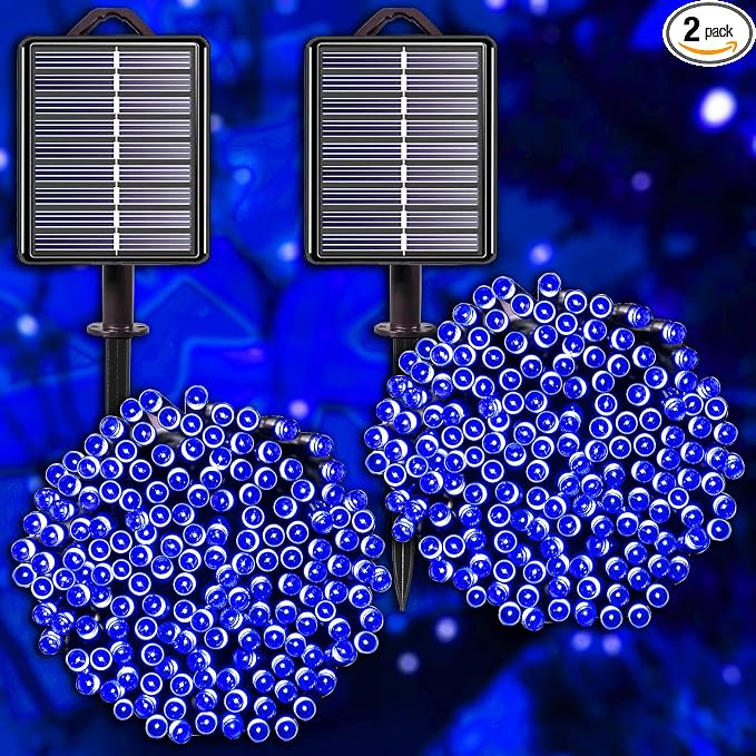 Solar Christmas String Lights, Blue 200Led, Outdoor Waterproof | 2 Pack Total 400Led 144Ft 8 Mode, IP44 Outside Fairy Lights for Tree, Garden, Patio, Lawn, Party, Yard Decorations