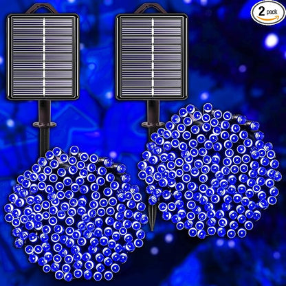 Solar Christmas String Lights, Blue 200Led, Outdoor Waterproof | 2 Pack Total 400Led 144Ft 8 Mode, IP44 Outside Fairy Lights for Tree, Garden, Patio, Lawn, Party, Yard Decorations